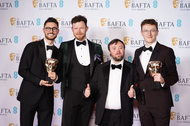 Tom Berkeley, Seamus O'Hara, James Martin and Ross White pose with the British Short Film Award for 'An Irish Goodbye' during the 2023 EE BAFTA Film Awards (Image: Dominic Lipinski/Getty Images)